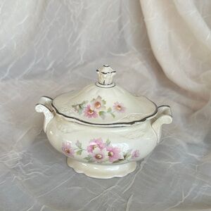 Vintage Floral Covered Sugar Bowl - Pink Flower Design